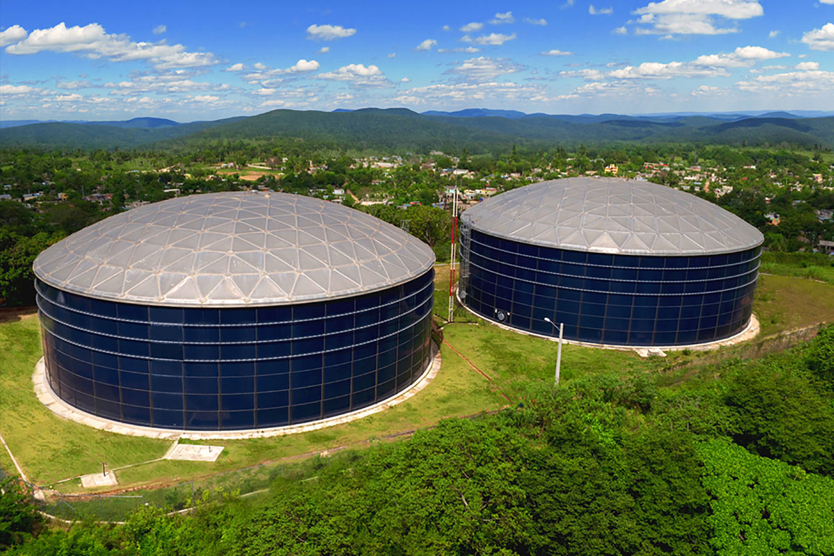 Aerial view of two liquid storage tanks.